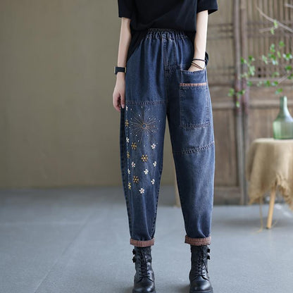 Floral Embroidery Loose Retro Casual Cotton Denim Pants