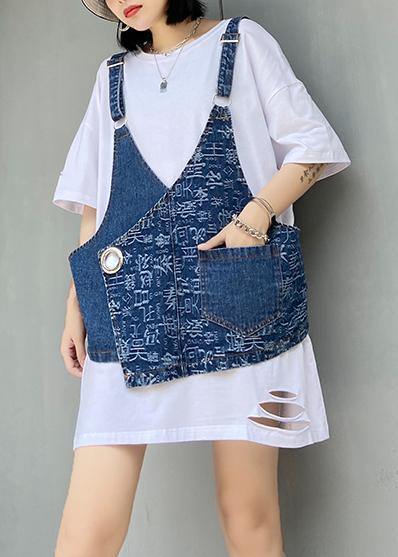 Hole white short-sleeved t-shirt female loose summer large size shirt denim vest suit two-piece suit