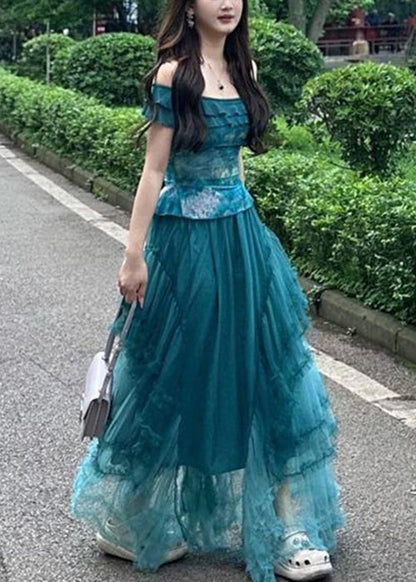New Blue Slash Neck Tops And Ruffled Skirts Two Pieces Set Summer