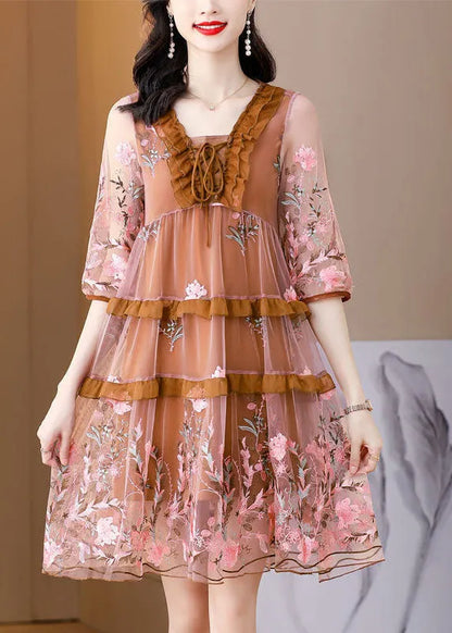 DIY Coffee Embroideried Ruffled Lace Up Organza Dresses Half Sleeve