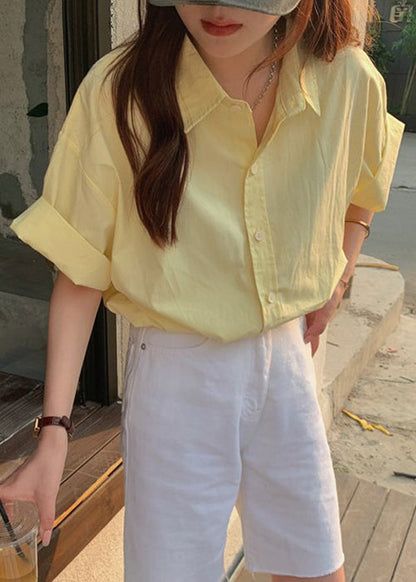 Yellow Button Solid Cotton Summer Shirt Peter Pan Collar