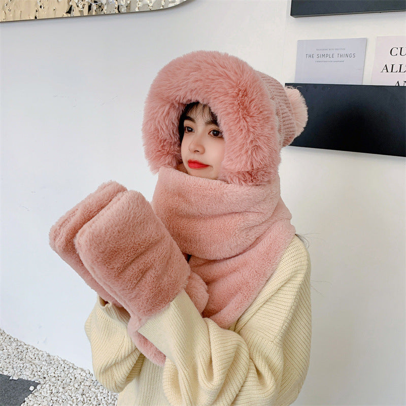 Women Winter Solid Plush Scarf Warm Hat