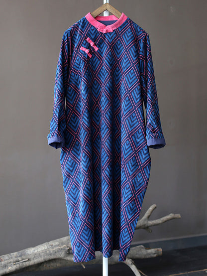 Women Winter Vintage Rhomboids Frog Spliced Long Dress