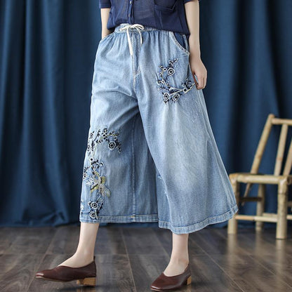 Retro Jeans Embroidered Cropped Wide-Leg Pants