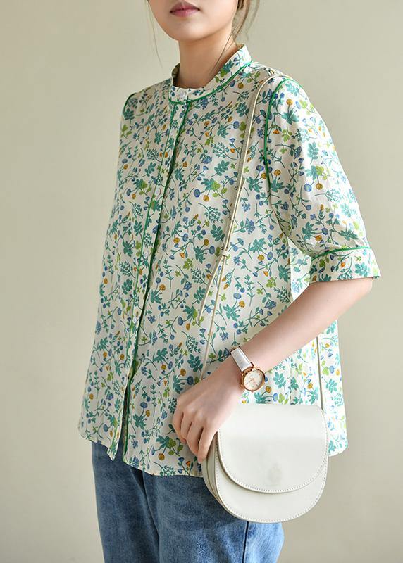 Plus Size Short Sleeve Green Print Cotton Blouses