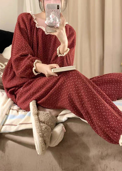 Vintage Red Dot Lace Patchwork Cotton Pajamas Two Pieces Set Fall