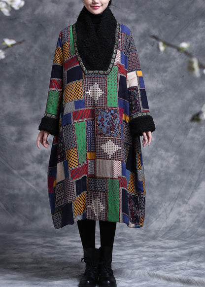 Vintage Plaid Print Patchwork Loose Pullover Fine Cotton Filled Spring