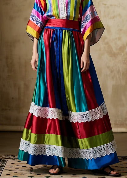 Bohemian Striped Patchwork Exra Large Hem Silk Women Skirts Spring