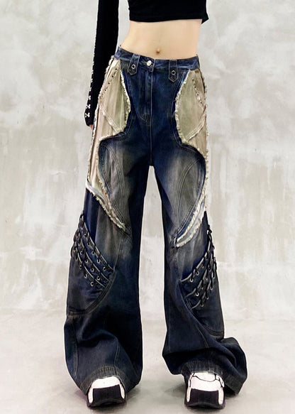 Stylish Navy Oversized Patchwork Denim Pants Spring