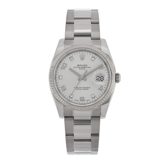 Stainless Steel 18K White Gold Diamond 34mm Oyster Perpetual Date Watch Silver 115234