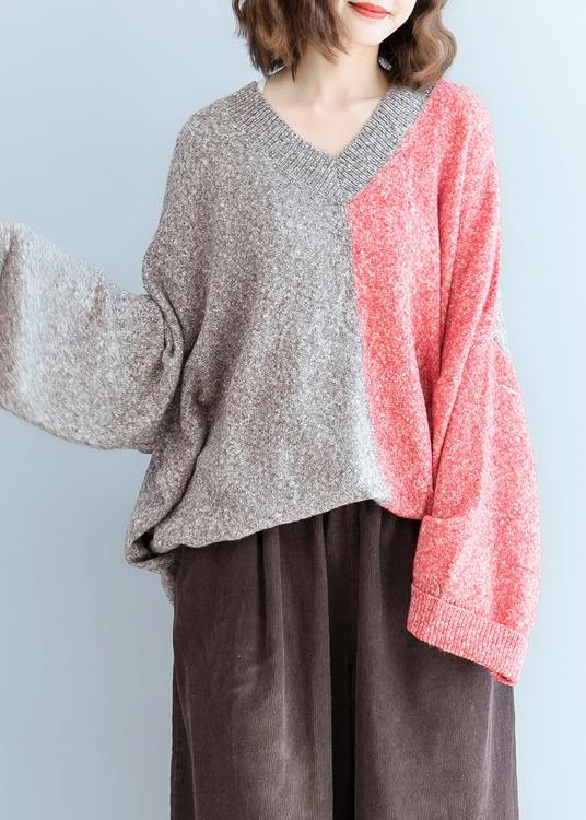 For  red knitwear plus size v neck patchwork clothes For Women