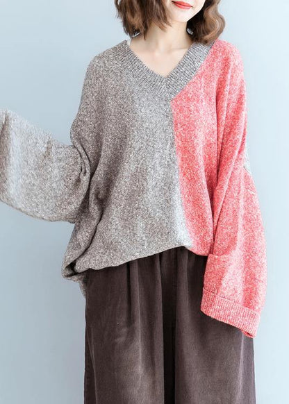 For  red knitwear plus size v neck patchwork clothes For Women