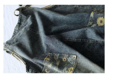 Retro Nostalgic Loose One-piece Printed Hole Denim Overalls