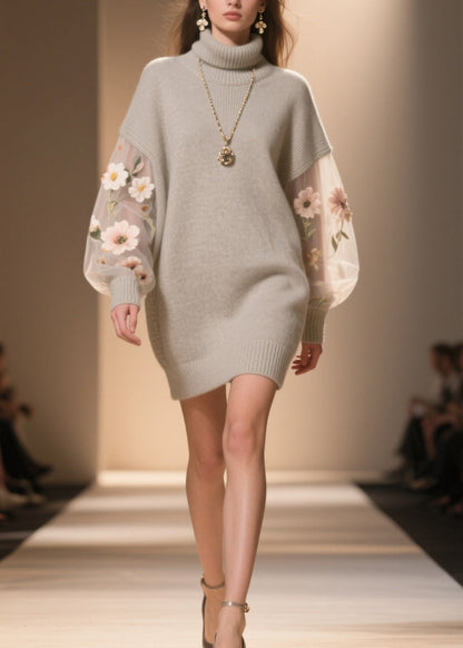 Women Hign Neck Floral Tulle Patchwork Knit Sweater Dress Winter