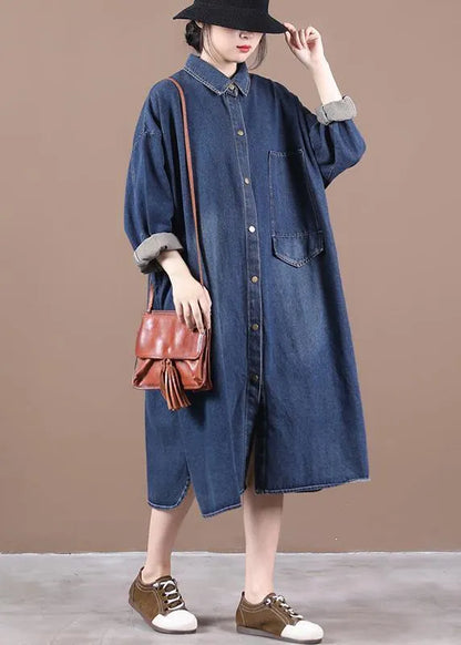 100% lapel patchwork  outfit Fashion Ideas denim blue long Dress