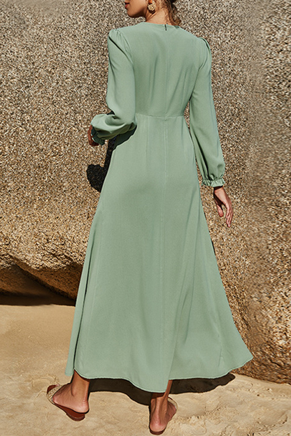 Elegant Solid Split Joint Stringy Selvedge O Neck Waist  Dresses