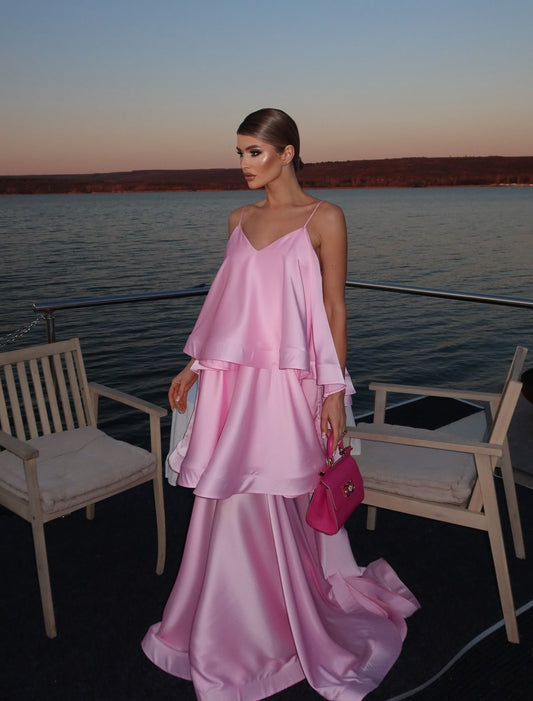 Pink Satin V-Neck Spaghetti Strap Tiered Ruffle Maxi Evening Gown