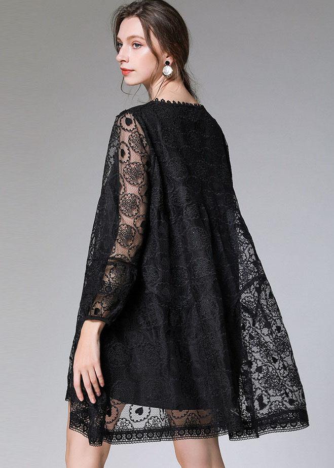 Stylish Black Loose Embroideried Spring Long Sleeve Dress