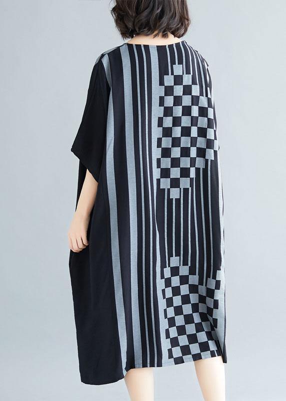 French black striped Cotton dresses o neck asymmetric Art summer Dress