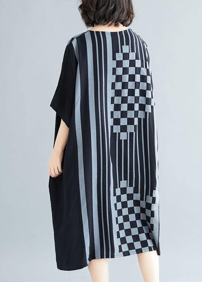French black striped Cotton dresses o neck asymmetric Art summer Dress