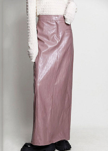 Elegant Pink Side Open High Waist Faux Leather Skirt Spring