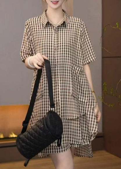 Bohemian Brown Oversized Plaid Cotton Two Pieces Set Summer