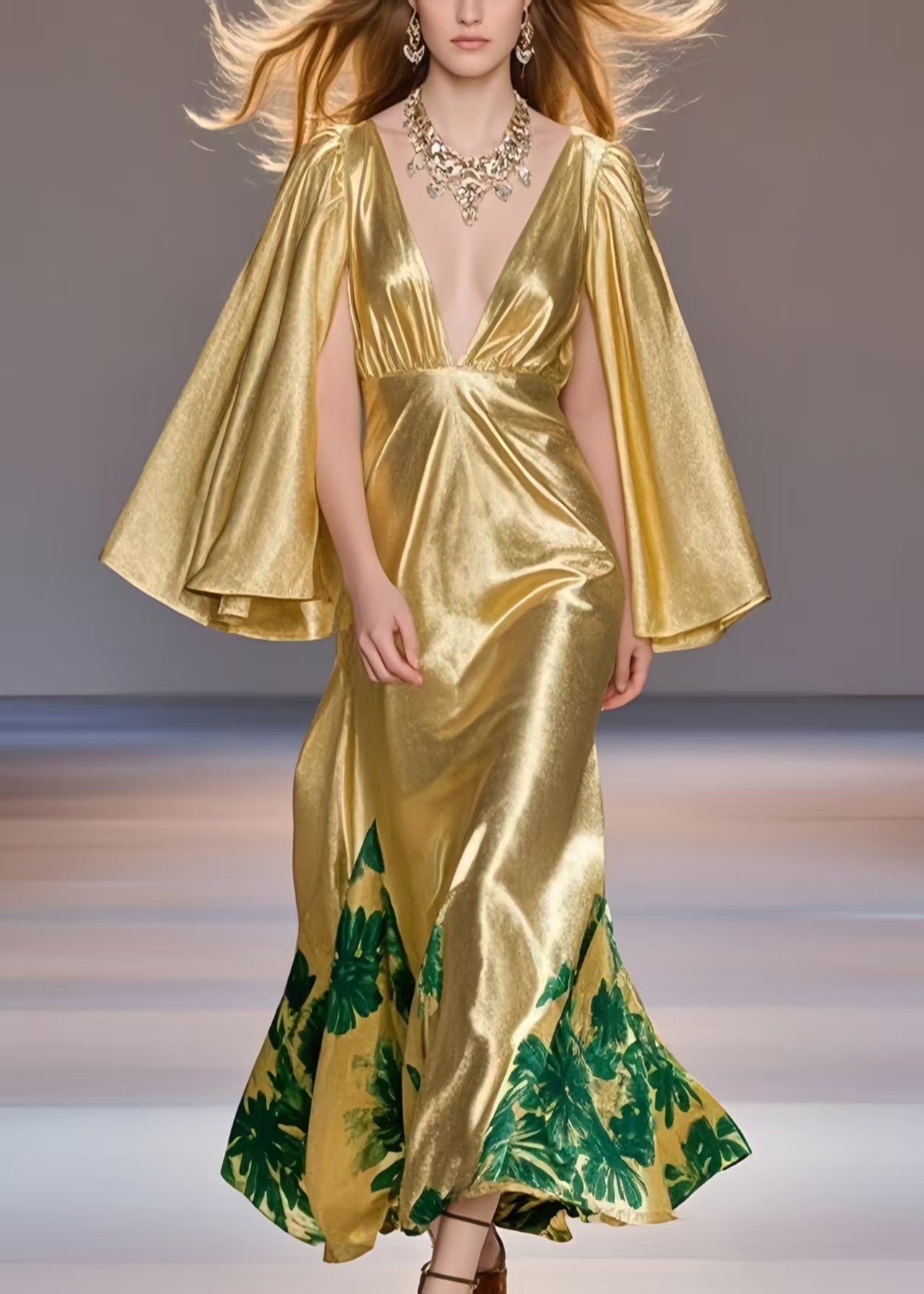Fashion Yellow Deep-V Neck Print Silk Party Dress Cloak Sleeves