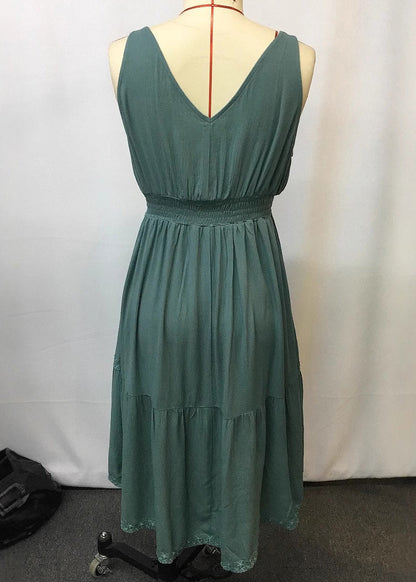 Bohemian Green Ruffled Patchwork Long Spaghetti Strap Dress Sleeveless