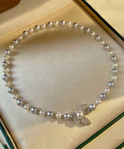 Unique Rose Butterfly Pearl Silver Choker