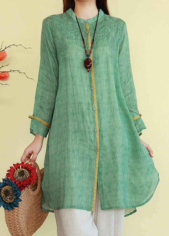 Vintage Green Button Thin Patchwork Linen Blouses