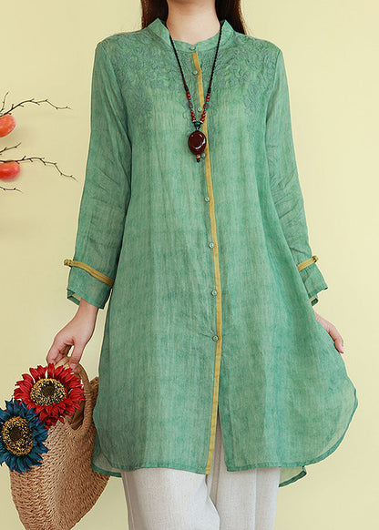 Vintage Green Button Thin Patchwork Linen Blouses