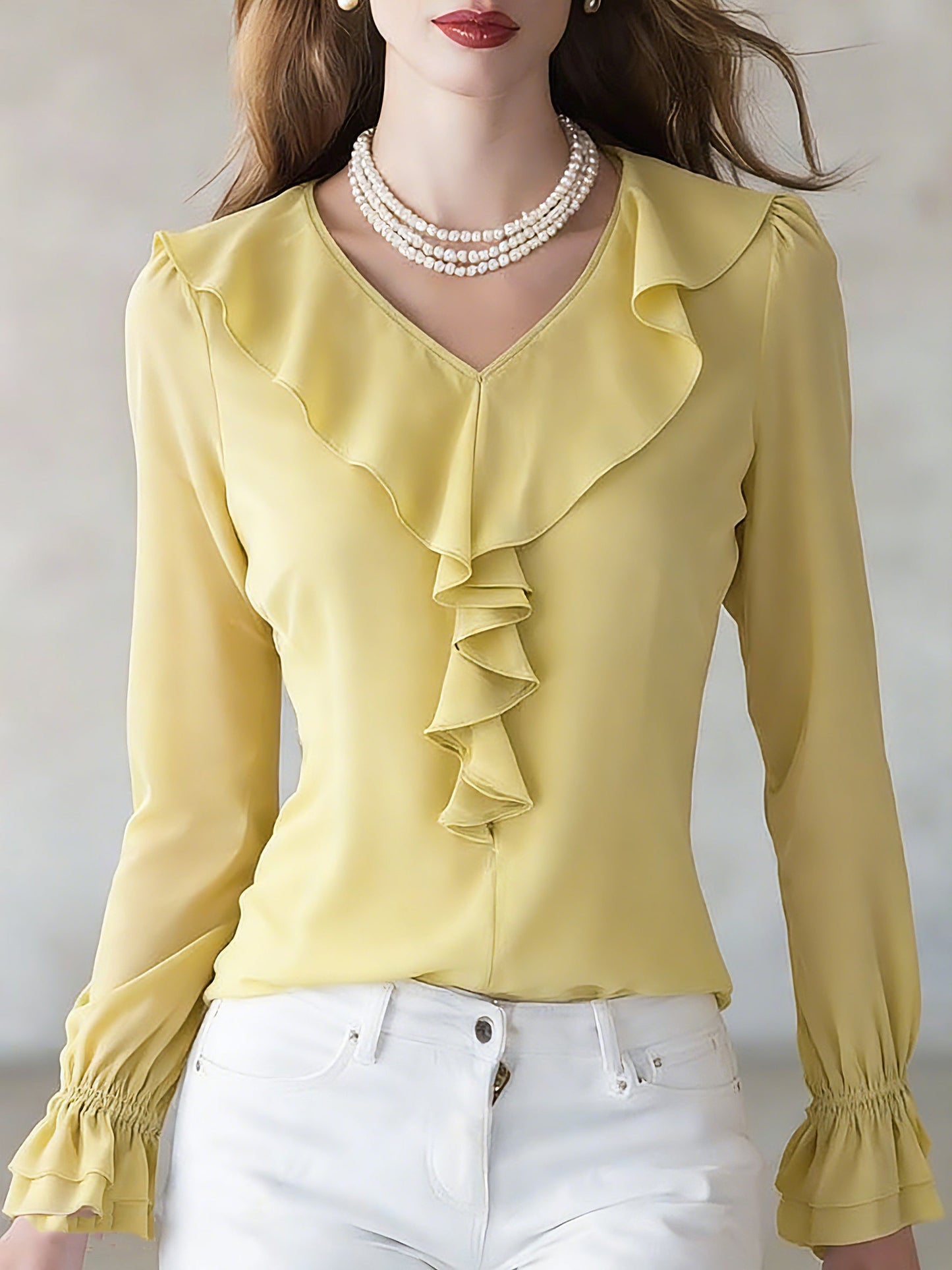 Brief Yellow V Neck Solid Silk Shirt Spring