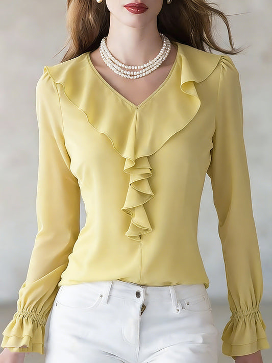 Brief Yellow V Neck Solid Silk Shirt Spring