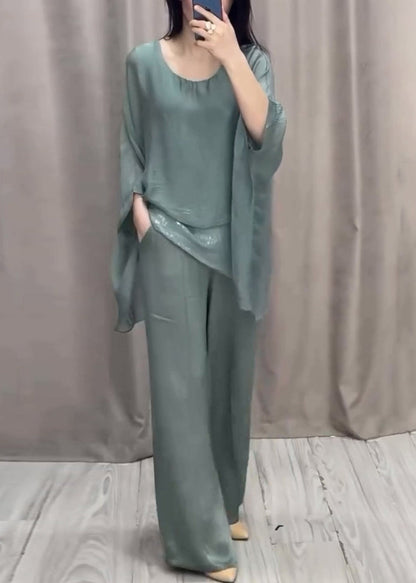 Loose Purple O Neck Solid Tops And Pants Cotton Two Pieces Set Batwing Sleeve