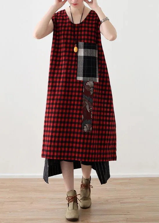 Art Red Plaid Cotton Linen Asymmetrical Design Patchwork Party Dresses