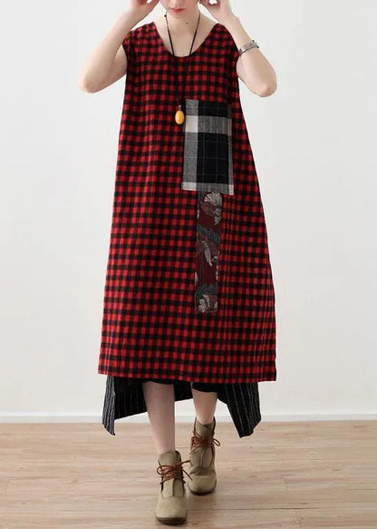 Art Red Plaid Cotton Linen Asymmetrical Design Patchwork Party Dresses
