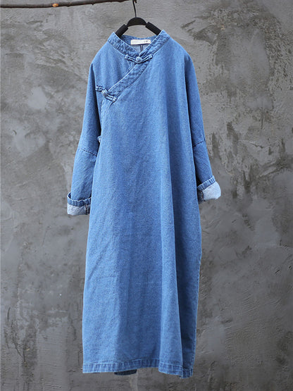 Women Spring Vintage Frog Denim Loose Dress