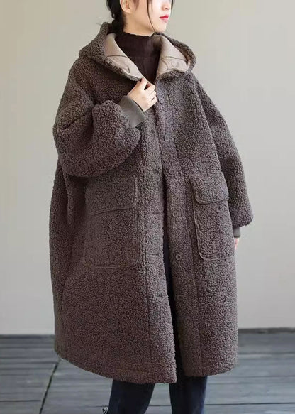 Women Blue Hooded Button Faux Fur Winter Coat
