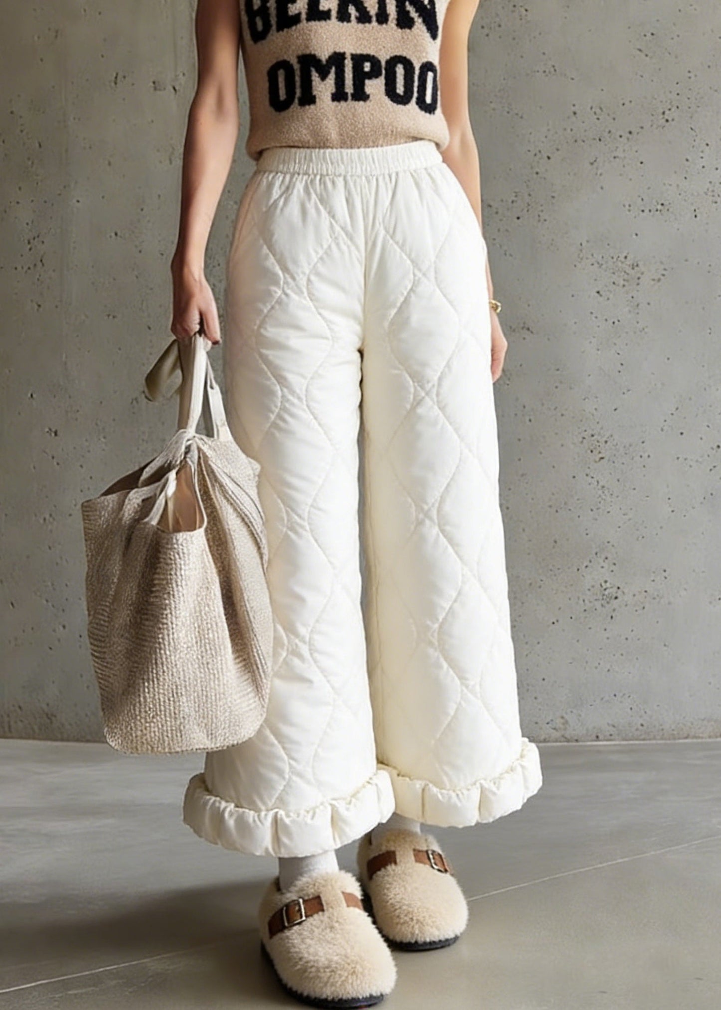Stylish Beige Elastic Waist Solid Fine Cotton Filled Crop Pants