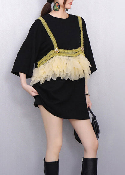 Modern Black Ruffle Tulle Strap Patchwork T Shirt Summer