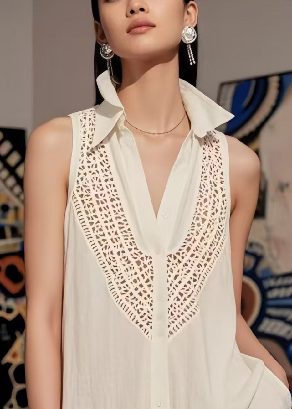 Bohemian White V Neck Hollow Out Cotton Top Sleeveless