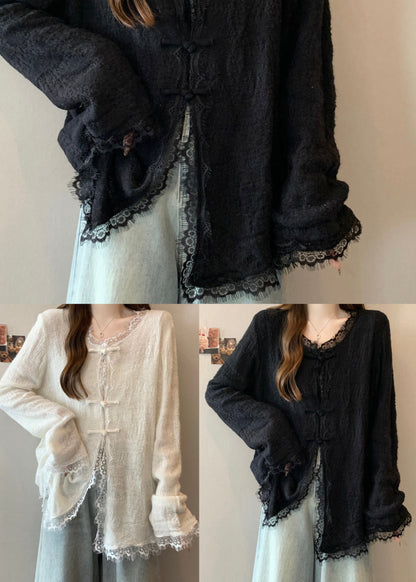 Art Black Oversized Eyelash Patchwork Knit Oriental Cardigan Fall