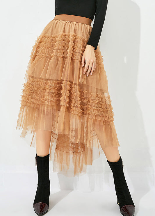 Casual Yellow Low High Design Patchwork Wrinkled Tulle Skirts Summer