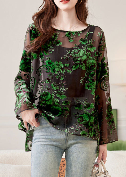 Fashion Green O-Neck Floral Chiffon Shirts Spring