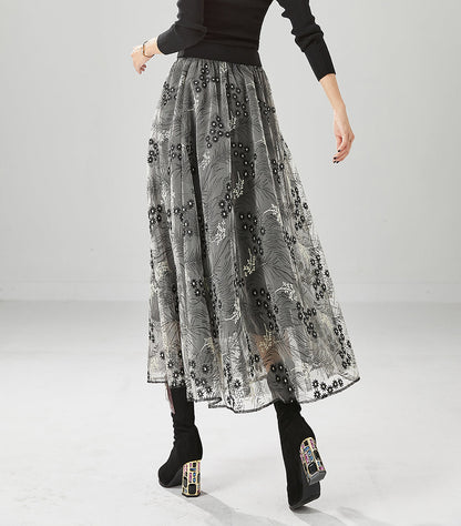 Fashion Grey Embroideried Exra Large Hem Tulle Skirts Fall