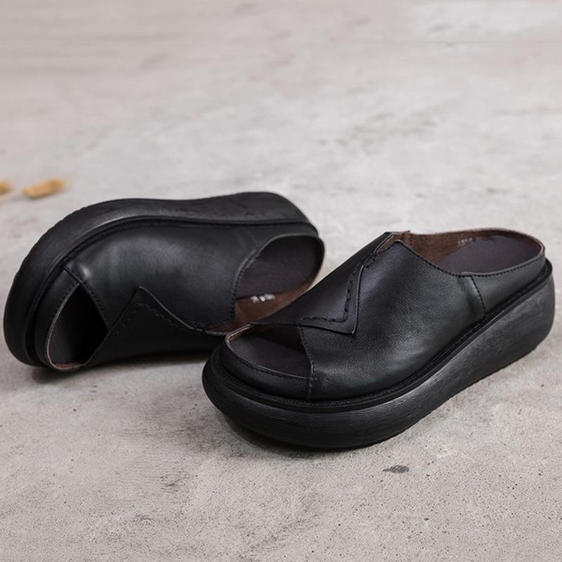 Women 2022 Sewing Platform Casual Leather Slippers