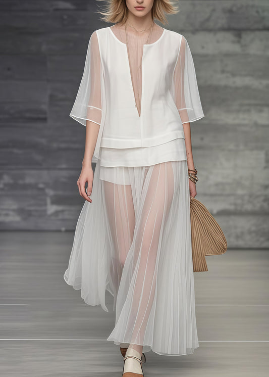 Unique White Deep-V Neck Patchwork Tulle Two Piece Set Women Clothing Summer