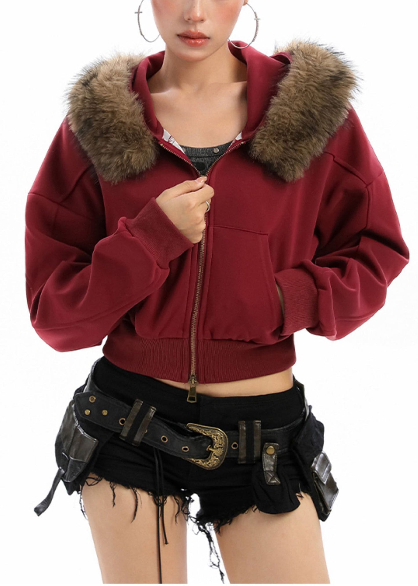 Plus Size Red Zip Up Patchwork Faux Fur Hooded Coat Winter