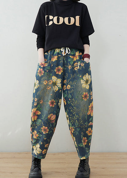 French Navy elastic waist drawstring pockets Print Denim Pants