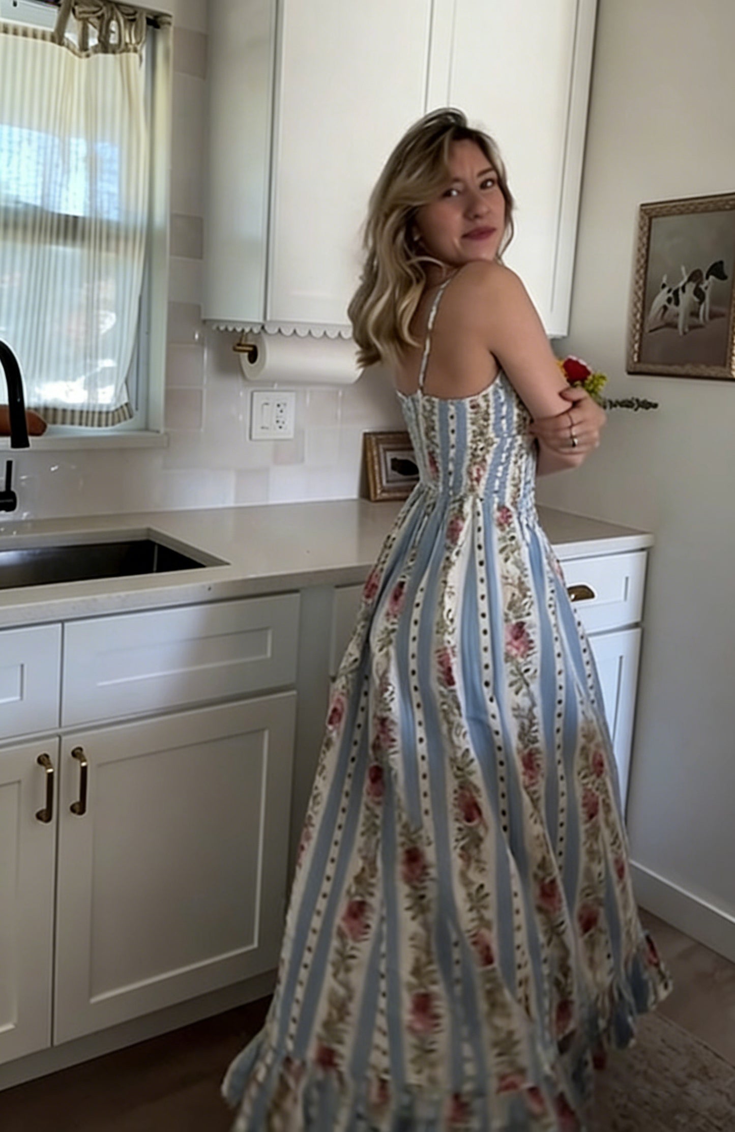 Blue White Stripe Floral V-Neck Tie Cami Flare Maxi Dress | Boho Vintage Tea Dress